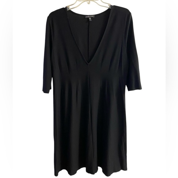 Eileen Fisher black jersey stretch dress midi deep V neck short sleeve Large - Picture 1 of 7